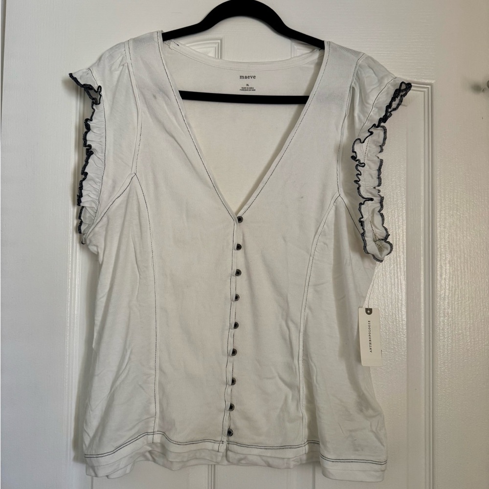 Maeve Short-Sleeve V-Neck Button-Front Top